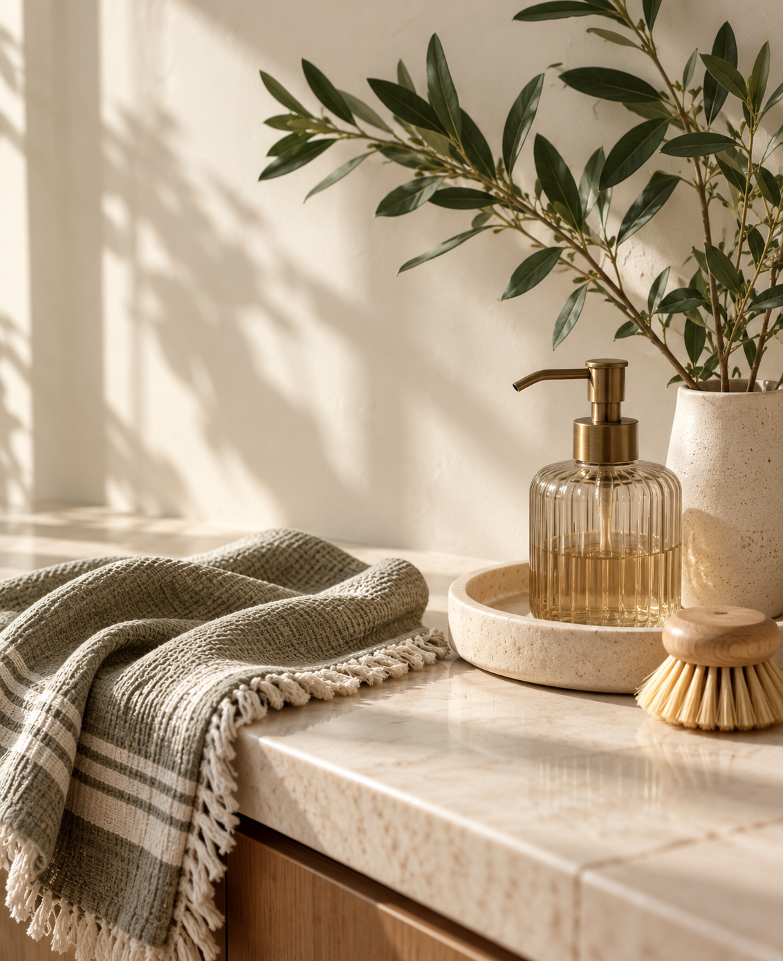 Sunlit marble countertop with an olive-striped towel, a brass-pumped glass dispenser of golden soap, a ceramic vase of leafy branches and a wooden brush