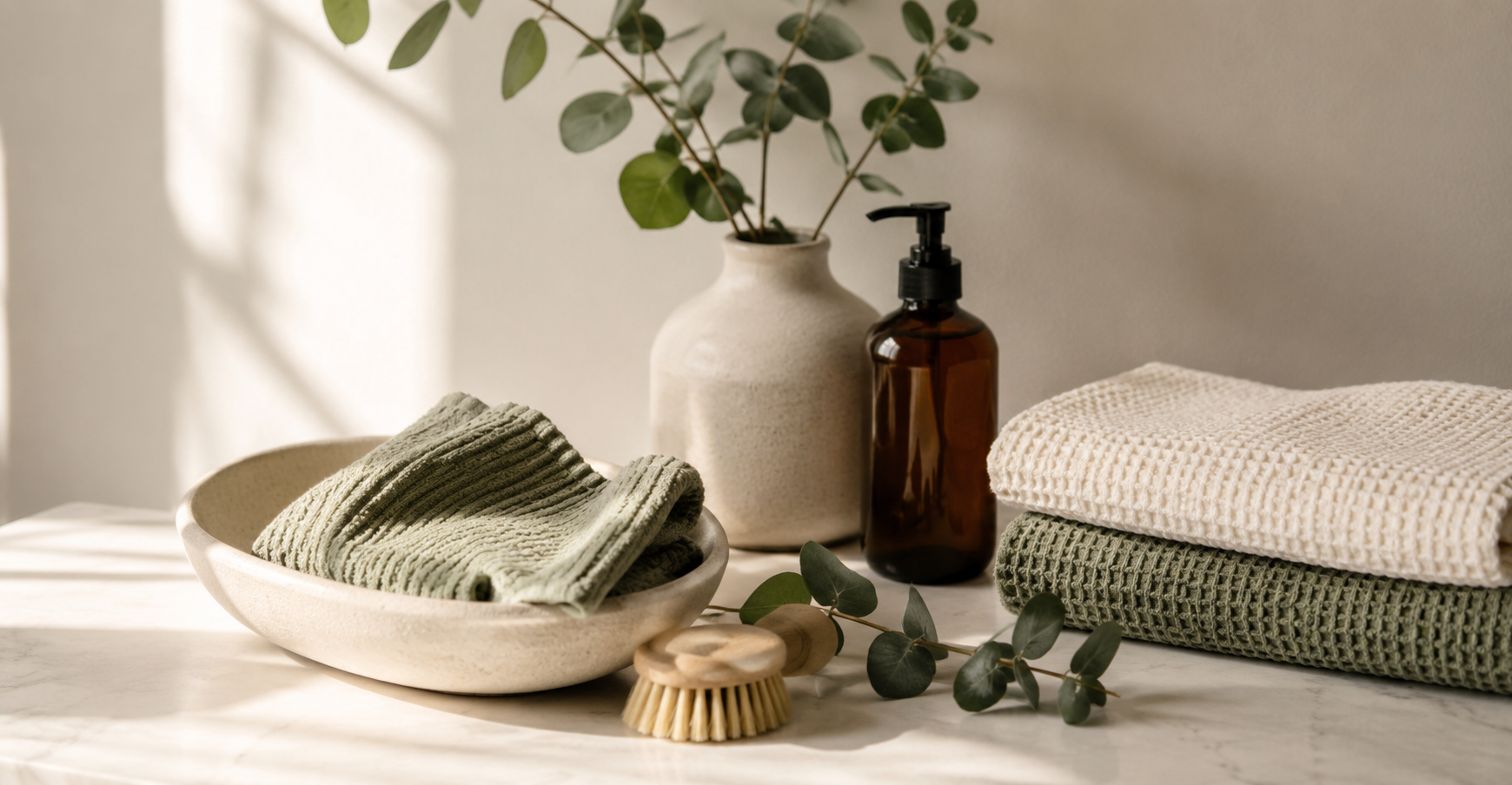 Soft morning light on folded organic towels, a wooden brush, eucalyptus stems and an amber soap bottle