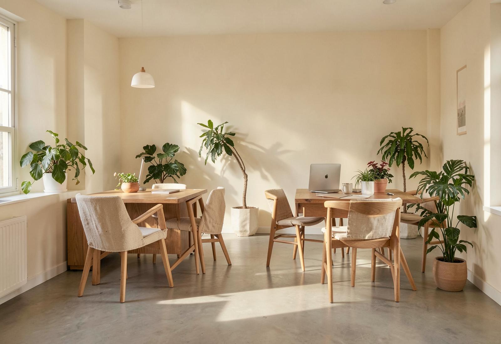 Small office reception area with warm wood, plants and clean surfaces