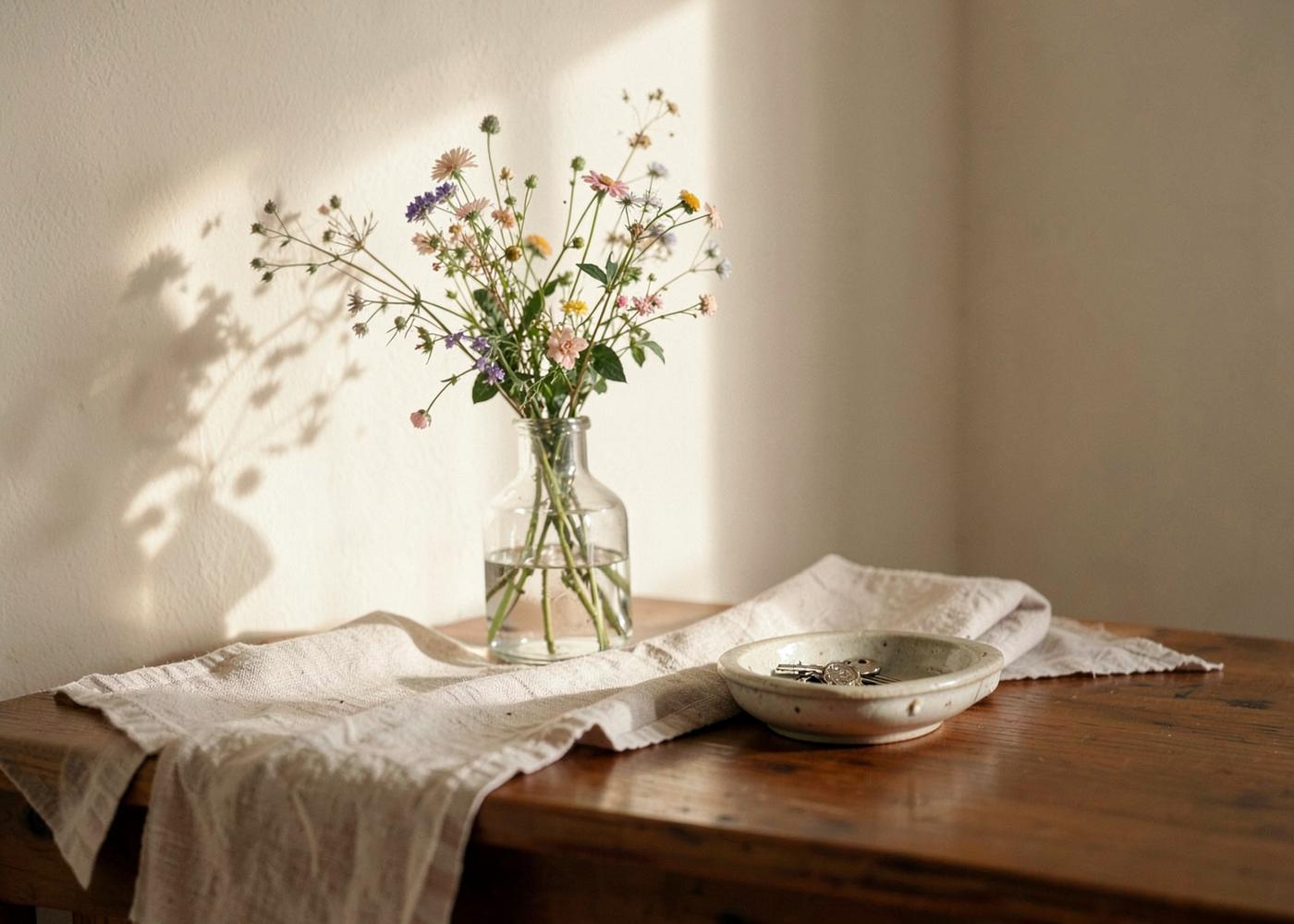 Entry table with garden flowers in a glass vase, a linen runner and keys in a ceramic dish