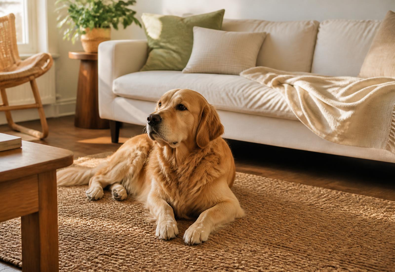 A golden retriever resting on a jute rug in a clean, sunlit living room with a linen sofa