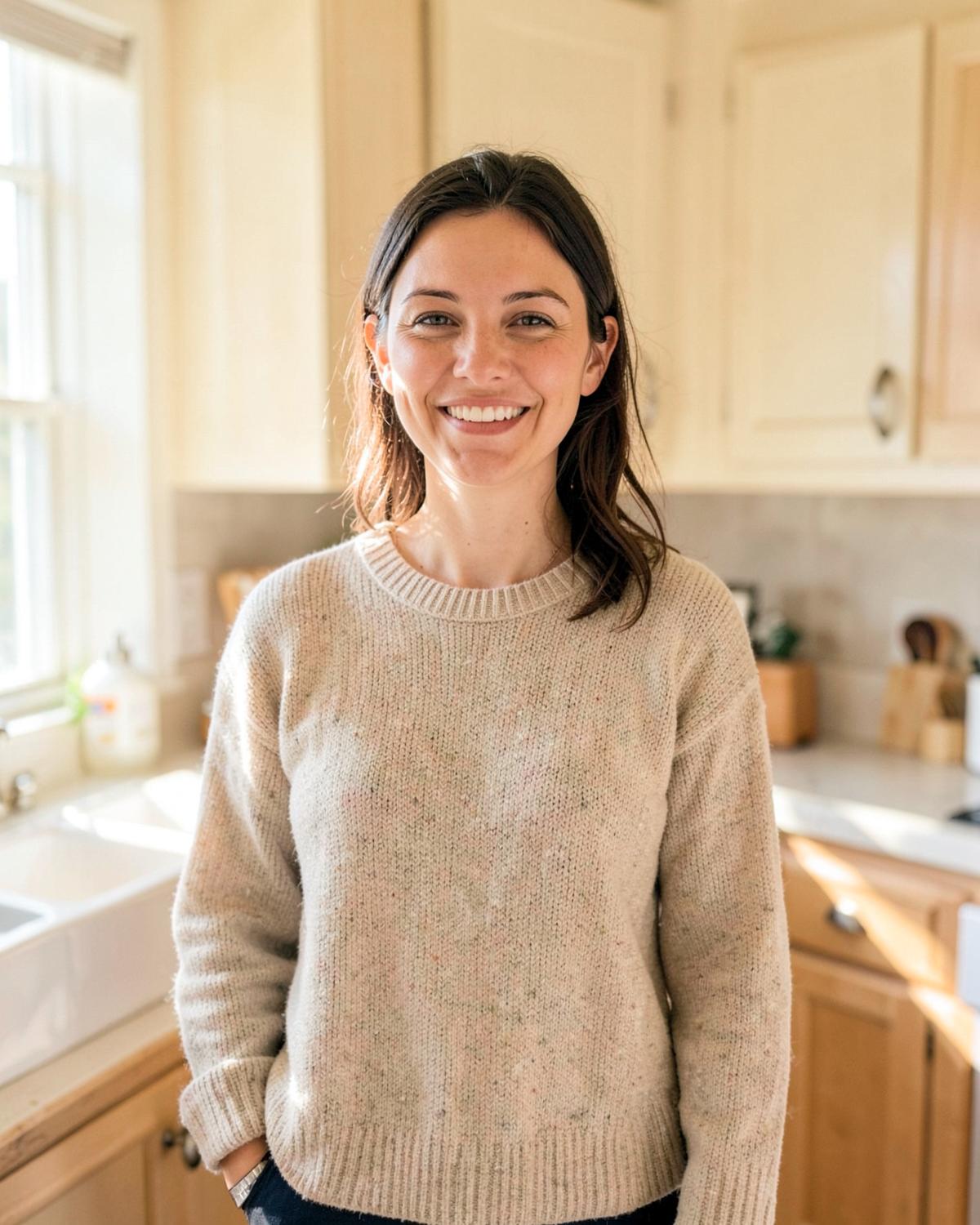 Payge, founder of Pure Living Cleaning Co., standing in a sunlit kitchen