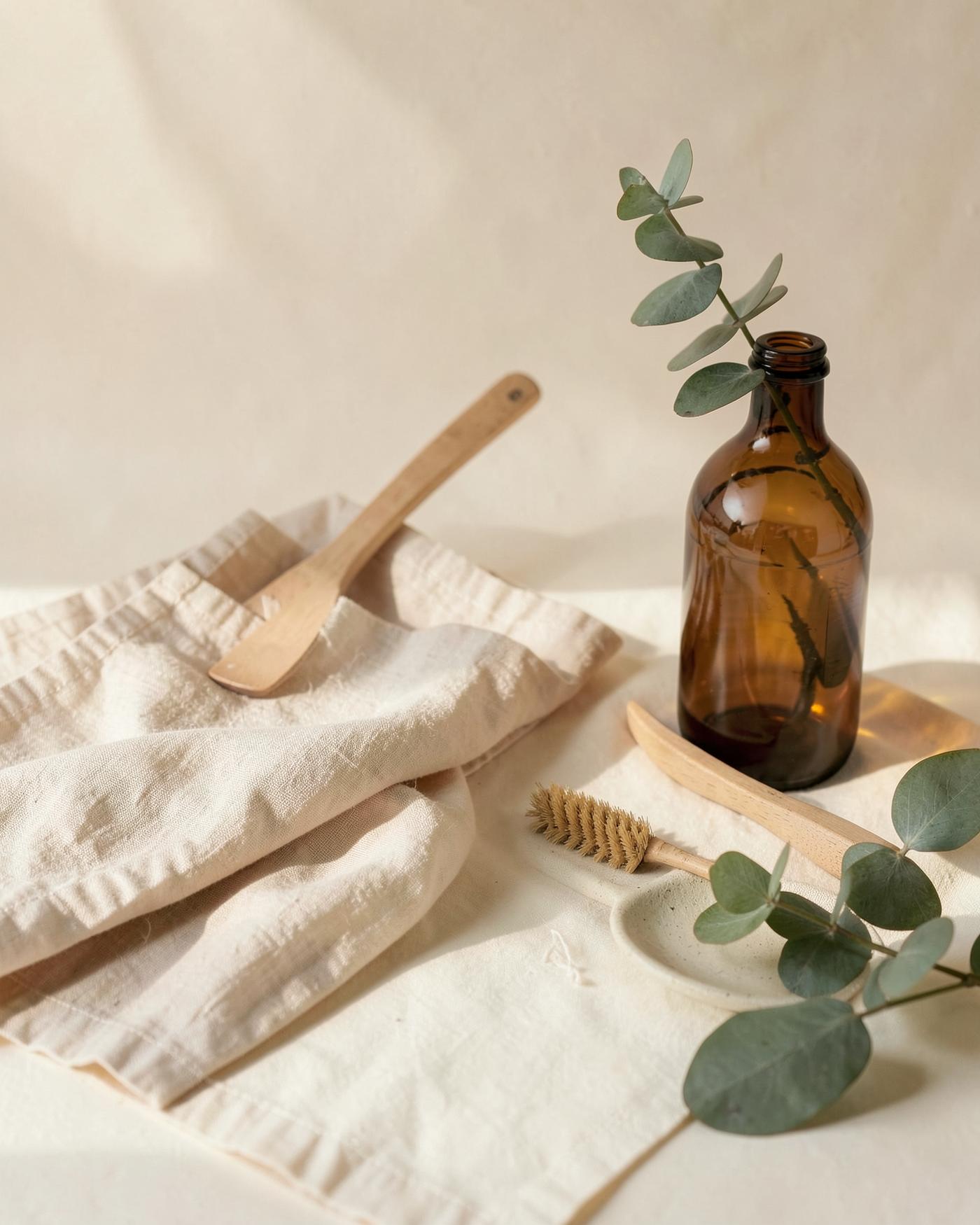 Still life of folded linen cloths, a wooden brush, amber glass bottle and eucalyptus on a warm ivory surface