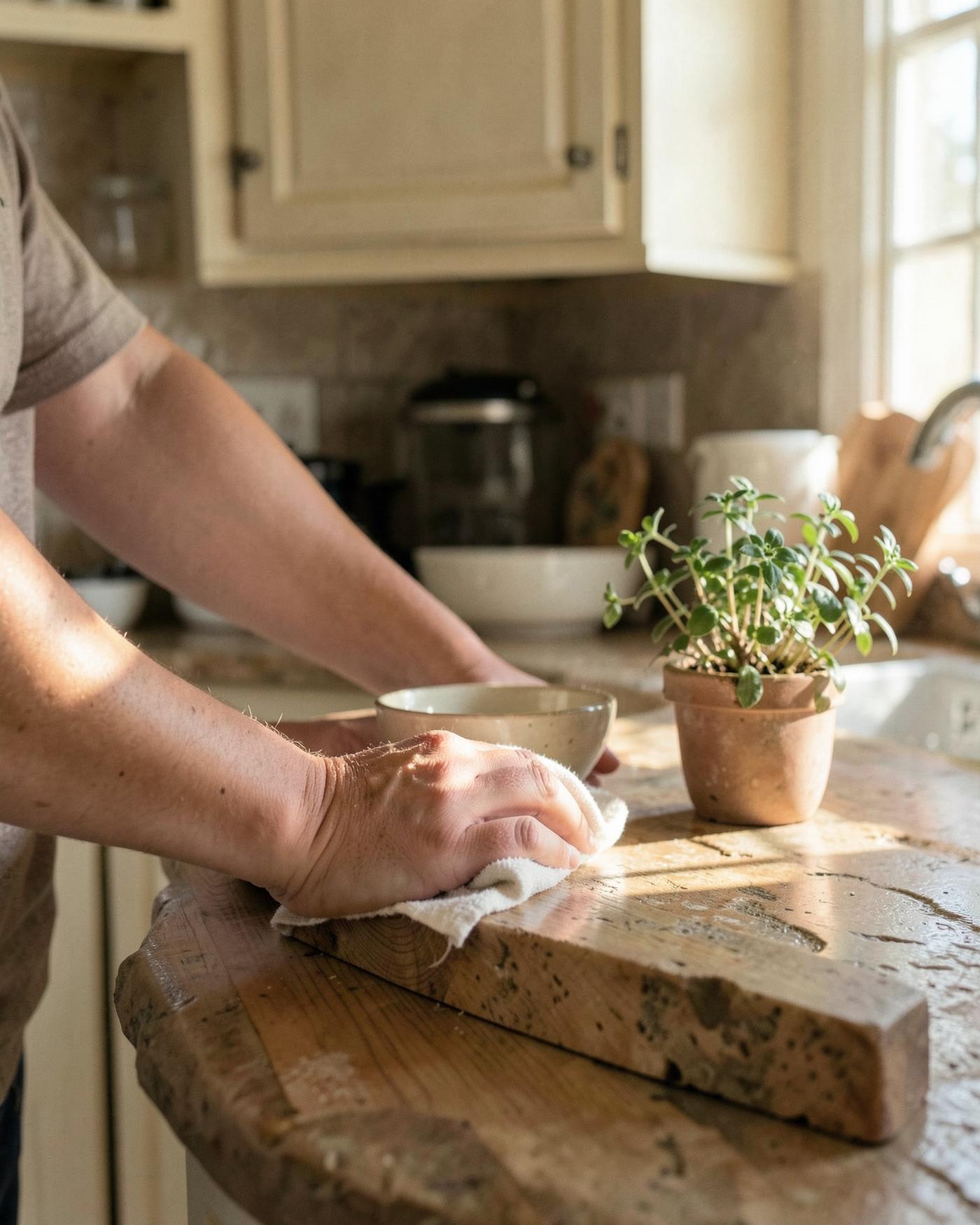 Hands wiping a wood kitchen counter in warm morning light beside a small potted herb