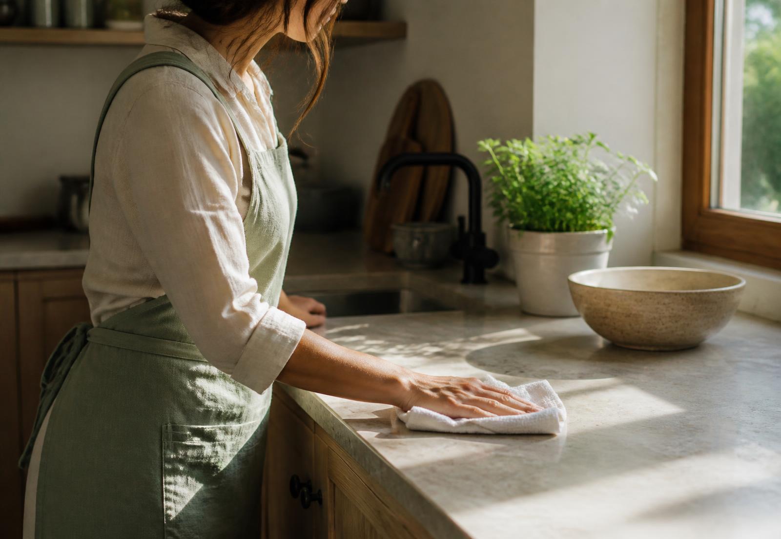 A Pure Living technician in a sage apron wiping a stone kitchen counter in morning light